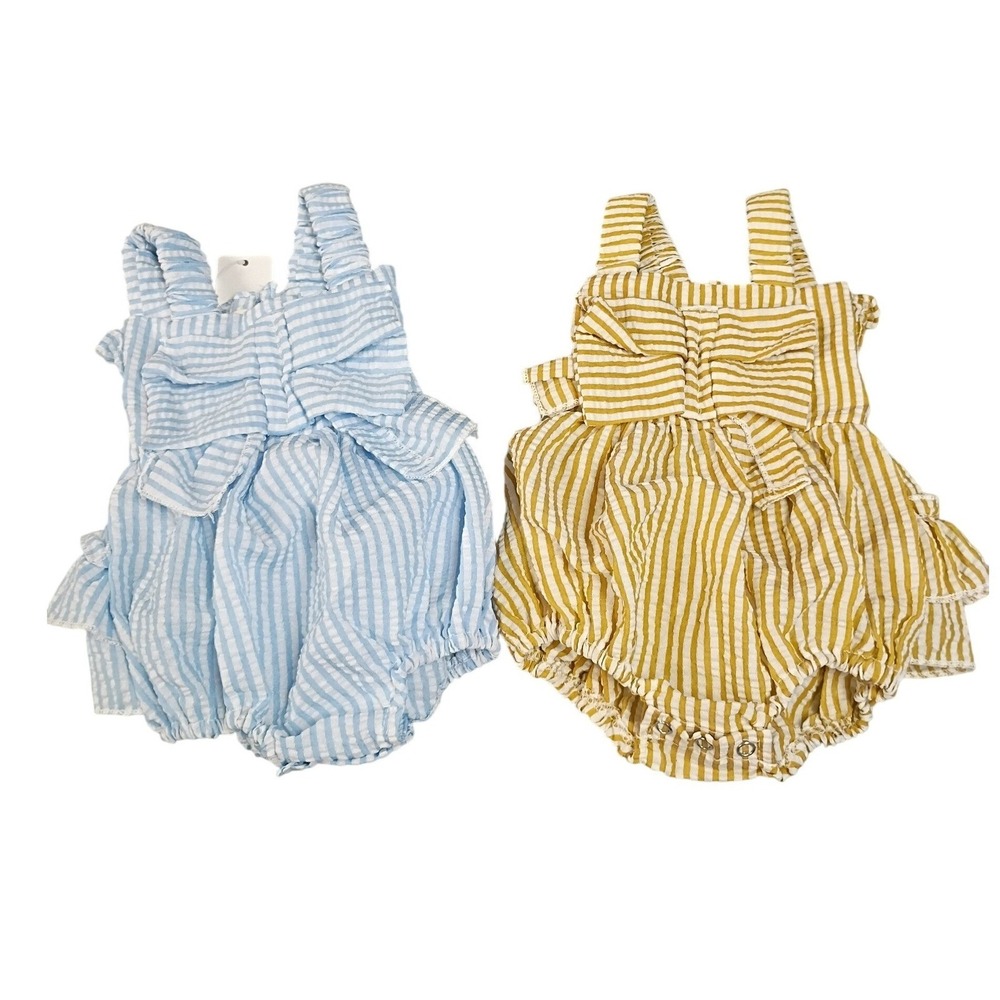 Set of 2 Baby Seersucker Striped Rompers‎ Blue Mustard Yellow Smocked Ruffle 68